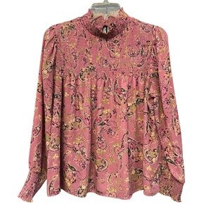 Cure Pink Paisley Floral Blouse M Smocked Mock Neck Long Sleeve Boho Top